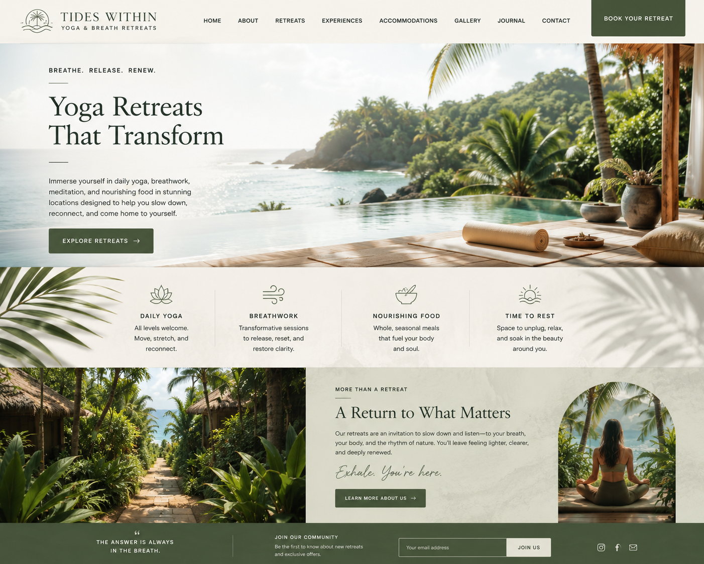 Yoga retreat website mockup